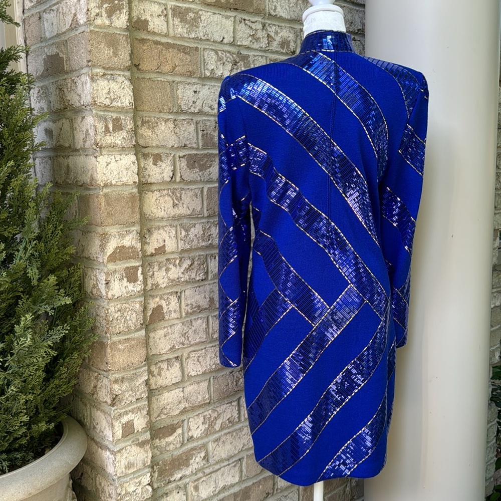 St. John Royal Blue Sequin Striped Cocktail Dress - Picture 6 of 16